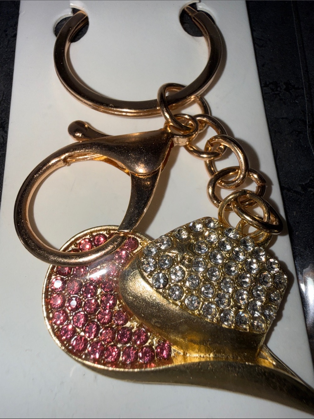 Gold-Tone Heart Crystal Keychain with Pink and Clear Accents